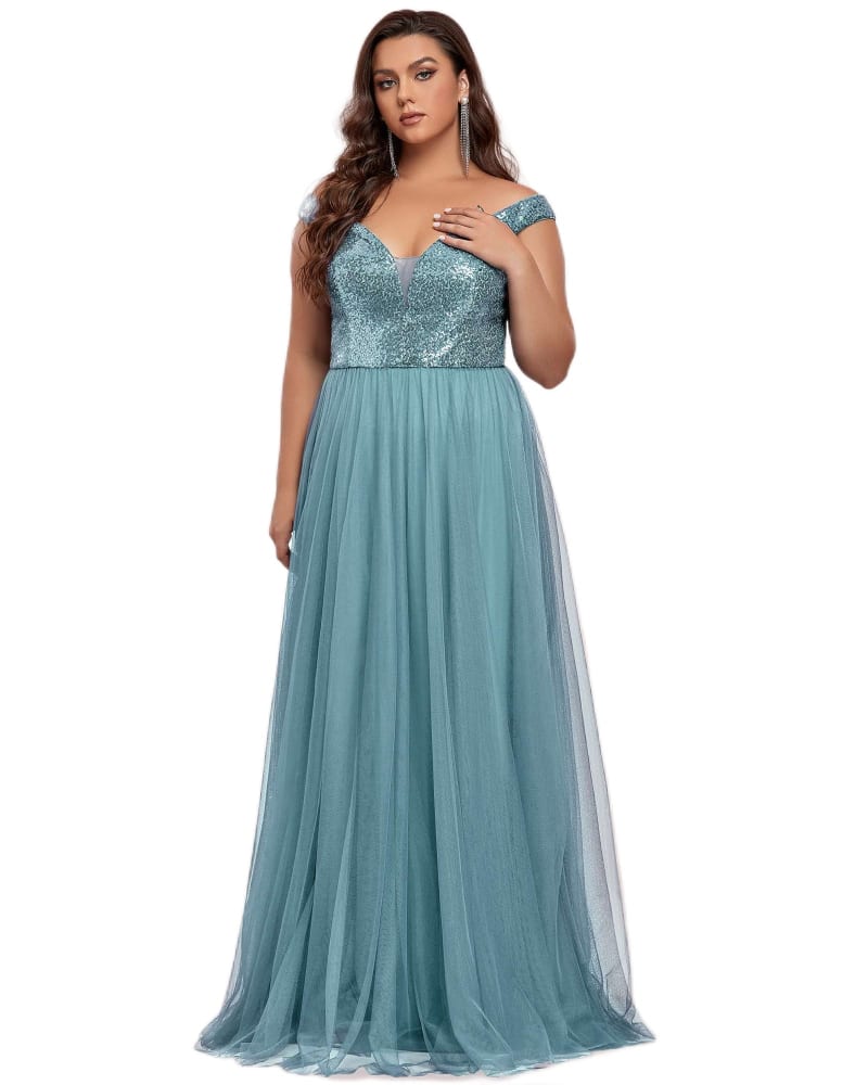 Front of a model wearing a size 12 Sequin Off the Shoulder Maxi Tulle Evening Dress in Dusty Blue by Ever-Pretty. | dia_product_style_image_id:302576